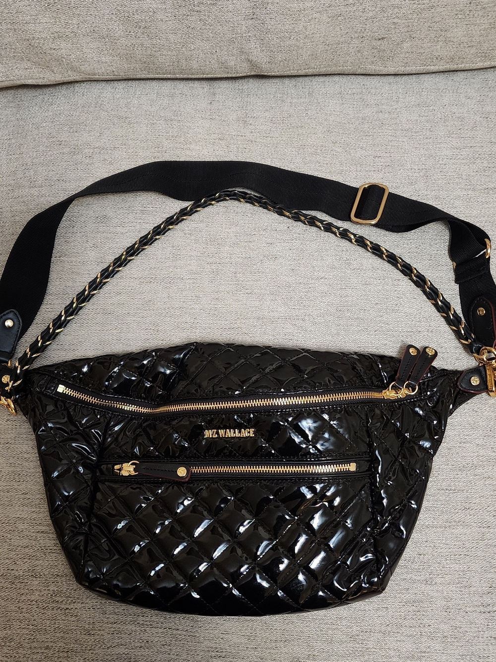 MZ Wallace Black Quilted Patent Crossbody Belt Bag with Gold Hardware